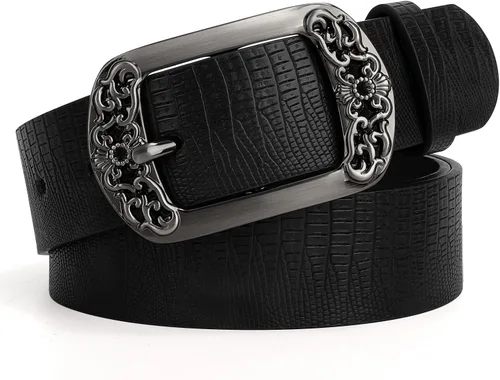 Cinturón de cuero para mujer de flor vintage para jeans vestido de moda cinturón cinturones de señoras con hebilla negra 01-Negro (patrón de