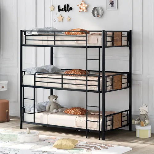 KLMM Literas triples de metal con marco de literas de tamaño individual sobre individual sobre individual, con barandillas de seguridad y escalera