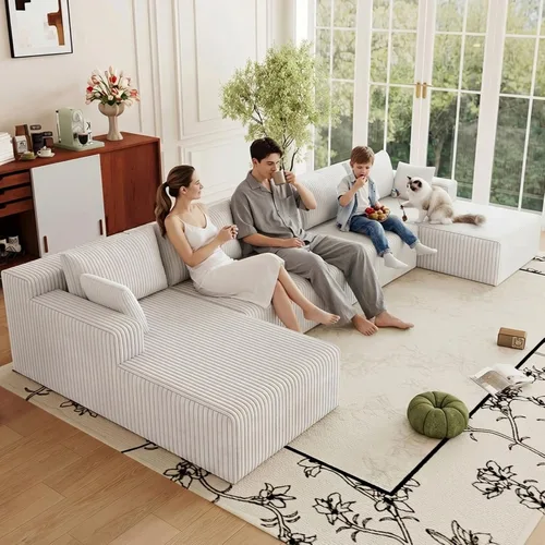 Vista 8 de Sofá modular de 95 pulgadas con otomana, moderno sofá nube de pana con asiento profundo, sofá sin hueso tapizado de 3 plazas en forma de U para sala