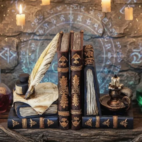 Vista 2 de Bellaa 26324 Sujetalibros Vintage de Mago con Pluma de Ave y Botella de Tinta con Lámpara de Aceite Estilo Antiguo Granja Casa de Campo Cabaña Lodge