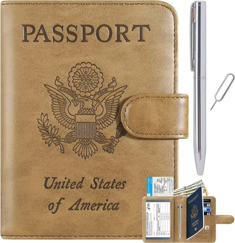 Funda para pasaporte, cartera con bloqueo RFID, funda de piel para tarjetas, accesorios de viaje para mujeres y hombres, 111#Marrón, Ranura para