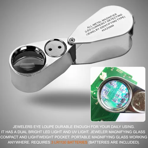 Vista 5 de KINGMAS Lupa de joyería 40X, lupa de ojo plegable iluminada con luz LED (detección de moneda LED/Jewlers identificando tipo lupe)