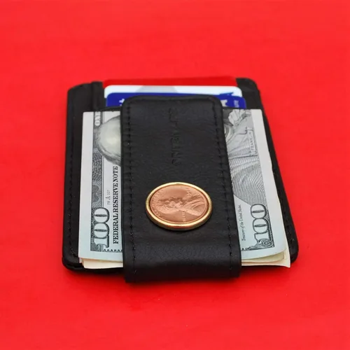 Vista 3 de US 1948 Lincoln Penny BU Uncirculated 1 Cent Coin Genuine Full-Grain Black Leather Magnetic Money Clip Wallet & Card Holder RFID Blocking