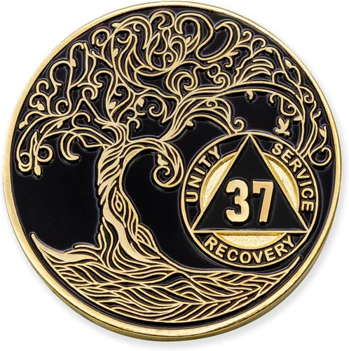 Vista 79 de 1 año Sobriety Mint Twisted Tree of Life Medallón de recuperación AA chapado en oro, chip/ficha - negro