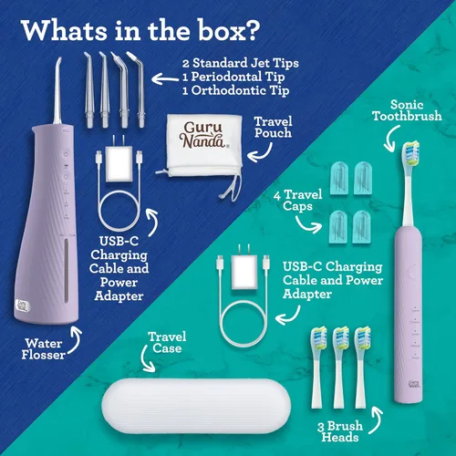 Vista 6 de GuruNanda Lion & Lamb Kit 2.0, cepillo de dientes eléctrico con hilo dental de agua, 4 puntas de chorro, 4 cabezales de cepillo y diseño impermeable