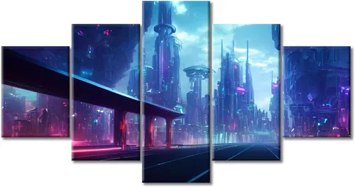 Vista 67 de Cuadros de 5 paneles de Cyberpunk City, arte de pared, representación de vallas publicitarias, edificios modernos en la capital con obras de arte