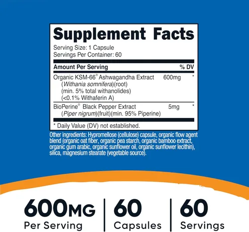 Vista 2 de Nutricost KSM-66 Extracto de raíz de Ashwagandha 600 mg, 60 cápsulas vegetales (2 botellas) - 5% Withanólidos - con BioPerine