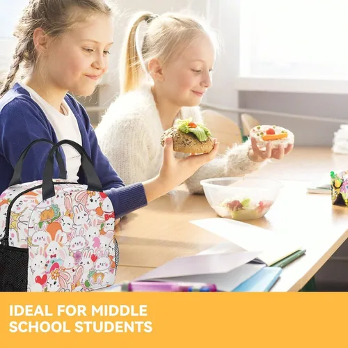 Vista 5 de Lonchera de conejo para niños, pequeña bolsa de almuerzo aislada, bonita lonchera reutilizable para niñas, bolsas de almuerzo congelables blancas
