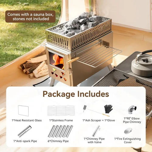 Vista 8 de Estufa para Tienda Caliente de Sauna, Estufa de Leña Rocket para Camping con 8 Tubos de Chimenea de Acero Inoxidable, Estufa de Leña Plegable