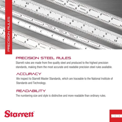 Vista 3 de Regla de acero templado Starrett Spring, con graduación de pulgadas, graduaciones estilo 4R, 1