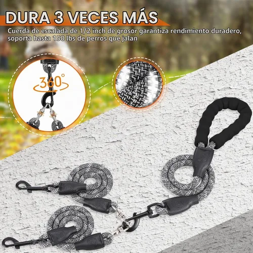 Vista 2 de Correa doble para perro, sin enredos, giratoria de 360°, tira reflectante Negro
