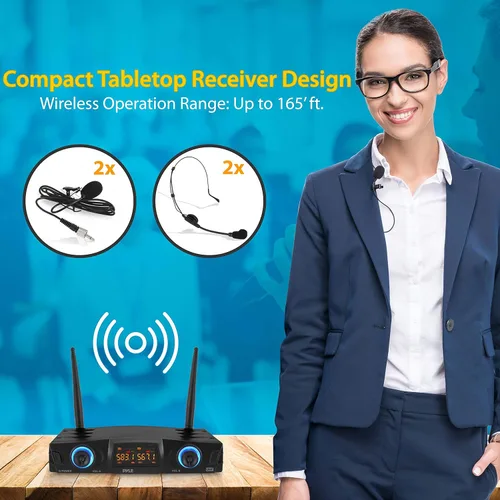 Vista 2 de Pyle Sistema de micrófono inalámbrico UHF compacto Pro portátil de doble canal de escritorio digital con 2 transmisores de cinturón, receptor, 2