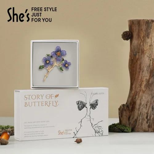 Vista 3 de Forget me not Flower Brooch Handmade Gold Thread Embroidered and hand-Drip Enamel leaf, Gradient Botanical Floral Brooch pins for women, SHE'S FREE