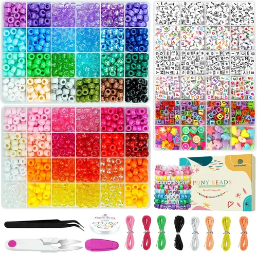 Dowsabel Kit de fabricación de pulseras de amistad, cuentas de pony kandi y 11 cuentas diferentes, hilo de nailon de 8 colores, joyería y regalos de