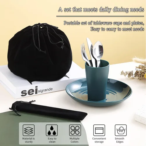 Vista 7 de Evanda Juego de cubiertos de camping, taza ligera reutilizable, plato y cubiertos de acero inoxidable con bolsa negra, apto para lavavajillas