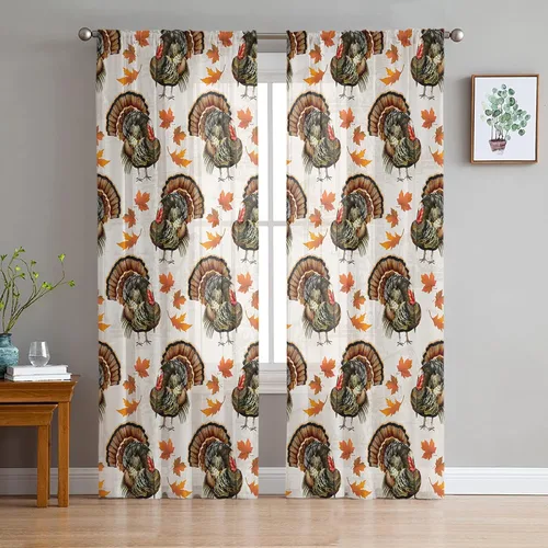 Vista 3 de Semi Sheer Curtains Panel 108 Inch Length Turkey Chicken Maple Leaf Filling Thanksgiving Voile Chiffon Rod Pocket Window Treatment Drapes Cortinas