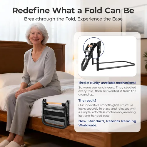 Vista 2 de Rieles de cama C1 Fold Pro para seguridad de adultos mayores, luz con sensor y bolsillo de almacenamiento, rieles laterales de cama plegables