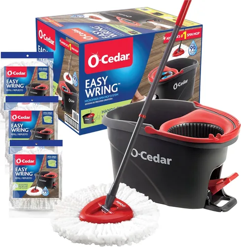 Vista 23 de O-Cedar EasyWring - Sistema de limpieza de suelos con balde y fregona giratoria de microfibra + 2 recambios adicionales, rojo/gris