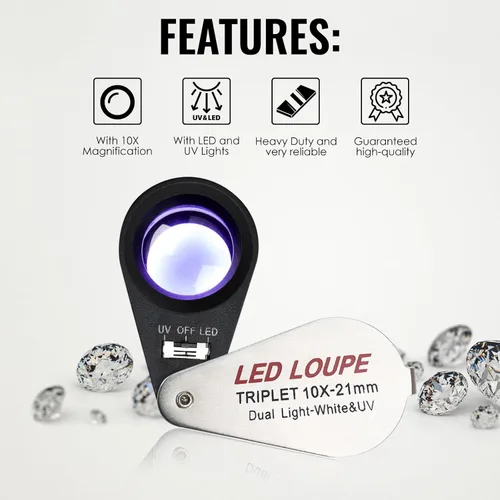 Vista 6 de 10x Lupa de Bolsillo Plegable con Luz UV y LED para Joyas, Rocas, Monedas y Antigüedades - Herramienta de Aumento Iluminada para Ojos, Sellos