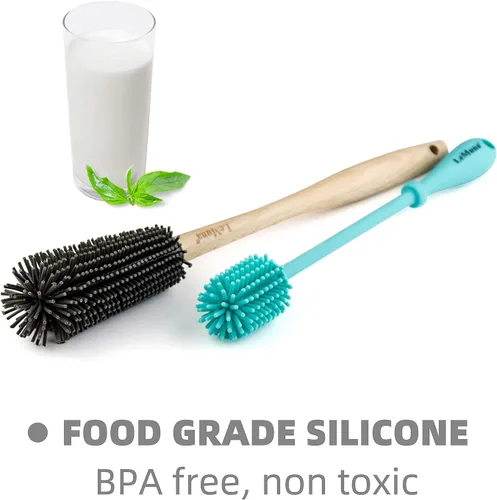 Vista 4 de LeMuna Juego de cepillos de silicona para botellas con mango de madera, cepillo de silicona y limpiador de popote para Hydro Flask, botella
