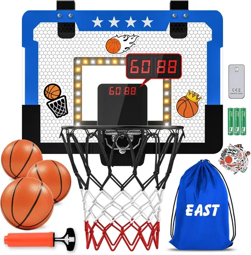 Kroyedfuw Aro de baloncesto para interiores para niños, mini aro de baloncesto con doble marcador electrónico y luz LED, juguetes de regalo de