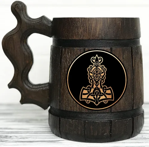 Nordic Beer Mug Viking Mjolnir Thor Hammer Valknut 17oz Wooden Beer Stein Personalized Christmas Gifts Anniversary Gift for Husband, For Dad