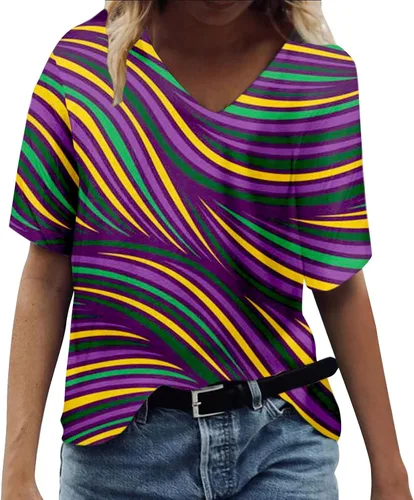Mensch Camisetas de Mardi Gras para mujer, camisas impresas digitales 3D, cuello en V, manga corta, elástica, para fiesta de carnaval