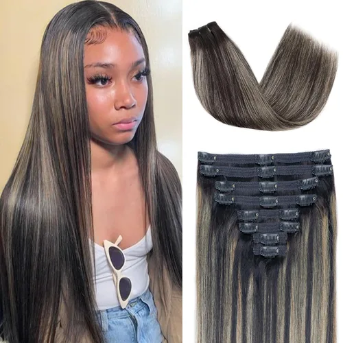 Vista 52 de Extensiones de Cabello con Clip Recto de Cabello Humano Real 8 Piezas Cabello Humano Remy con Clip para Mujeres, Cabello Humano Suave Natural, 120g