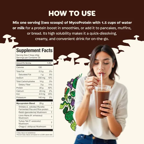 Vista 6 de Mycoprotein Mushroom Protein Powder, Chocolate Flavor, 20g Plant Based Protein per Serving, Reishi, Chaga, Lions Mane, Shiitake, Turkey Tail, Vegan