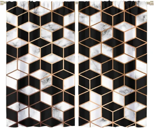 Vista 51 de Cortinas abstractas de mármol de lujo de lujo azul marino dorado a rayas con patrón de mármol estampado para dormitorio, sala de estar, cortinas