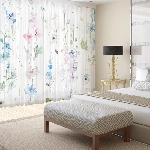Vista 2 de Cortinas de hojas florales Fereyis para sala de estar de 63 pulgadas de largo, juego de 2 paneles, elegantes cortinas azul y rosa con flores