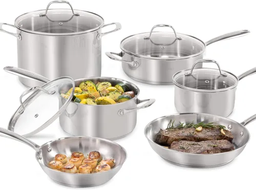 Vista 9 de Guy Fieri's Flavortown Cacerola de acero inoxidable de 3.2 cuartos de galón con tapa de vidrio templado, utensilios de cocina con base tri-capa