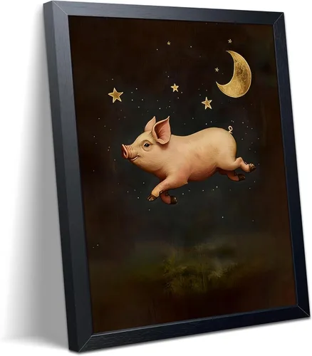 Funny Pig Canvas Wall Art, Vintage Fantasy Pig Under Moon and Stars Print Poster, Whimsical Animal Wall Decor Painting, for Bedroom Living Room