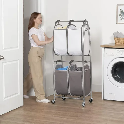 Vista 4 de Neatfreak - Carrito de lavandería vertical de 2 niveles - Carrito de almacenamiento con ruedas con 4 cestas para lavandería, toallas, mantas