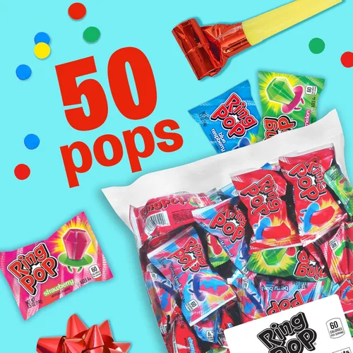 Vista 3 de Ring Pop - Paquete variado de piruletas de caramelo a granel para fiestas, 50 paletas con sabores surtidos, dulces divertidos para cumpleaños