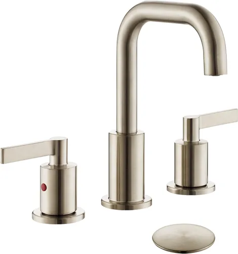 TimeArrow TAF288S-BN - Grifo de fregadero de baño de níquel cepillado de 2 manijas de 8 pulgadas con drenaje emergente, grifo de lavabo de tocador