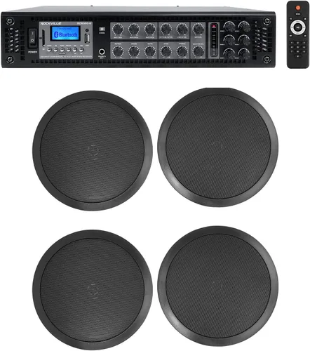 Rockville Amplificador comercial de 6 zonas+(4) altavoces de techo de 8" para restaurante/bar