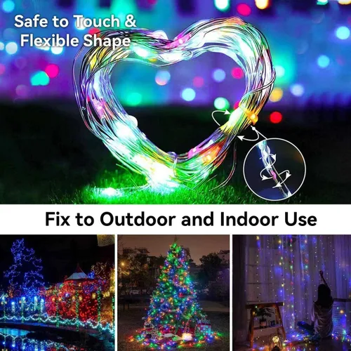 Vista 3 de Guirnalda de luces de hadas con temporizador de 33 pies, 2 unidades, 100 luces LED, funciona con pilas, para exteriores, impermeable, para bodas