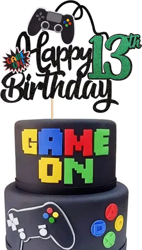 1 pieza de decoración para pastel de videojuegos feliz cumpleaños 13 con purpurina, palillo decorativo de pastel de videojuegos Game On con Negro