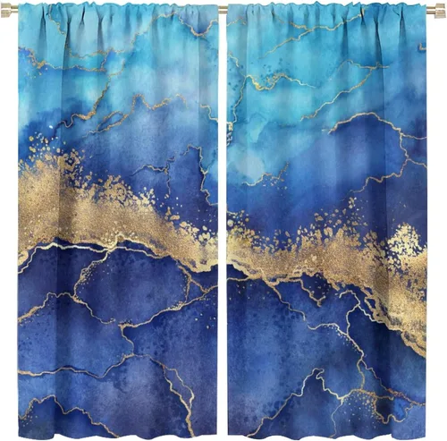 Vista 20 de Cortinas abstractas con estampado de mármol negro y dorado, patrón retro para sala de estar, cocina, dormitorio, paneles opacos de 42 x 45 pulgadas