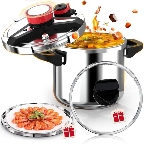 Olla a Presión de Acero Inoxidable 18/8 de 6 Cuartos, [Bloqueo con Una Mano] Olla a Presión, Olla a Presión [3 en 1], Incluye Tapa de Vidrio y