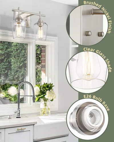 Vista 7 de WL9167-2C - Lámpara de baño de níquel cepillado de 15 pulgadas, lámpara moderna de pared de baño de granja con vidrio transparente