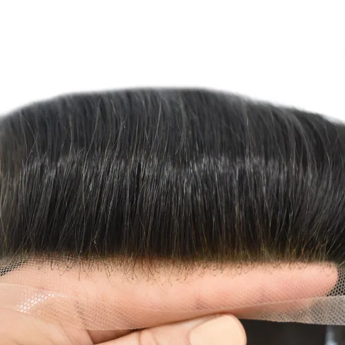 Vista 3 de Sistema de cabello para hombres con encaje frontal francés para hombres, nudos blanqueados, cabello humano para hombre, línea capilar natural