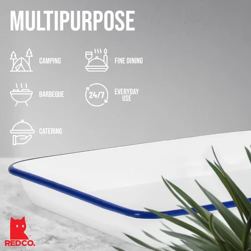 Vista 4 de Red Co. Bandeja de servir rectangular clásica de esmaltería metálica de 2 cuartos de galón, 11 x 9 pulgadas, blanco sólido/borde azul marino