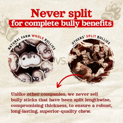 Vista 3 de Natural Farm Bully Sticks Jumbo sin olor, (6 pulgadas, paquete de 2), masticables extra gruesos para perros, golosinas de carne 100% totalmente