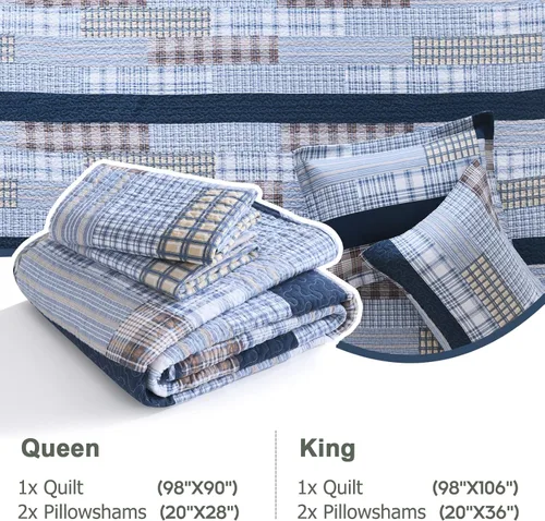 Vista 5 de Finlonte Edredón tamaño Queen, 100 % algodón, colchas tamaño Queen a cuadros azules, beiges y blancas, colcha ligera, suave, transpirable