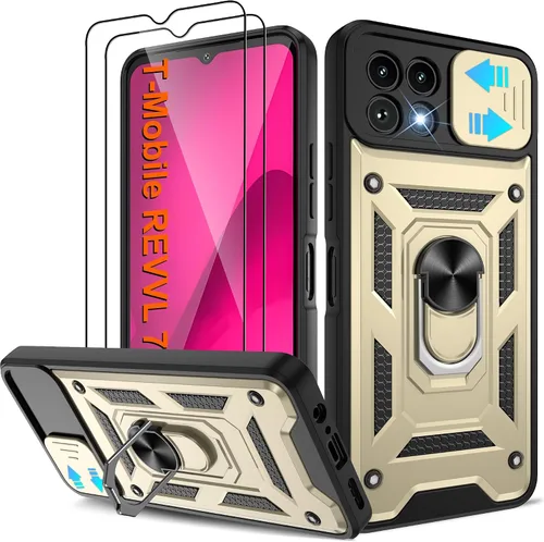 Vista 100 de ATUMP Funda para T-Mobile Revvl V Plus 5G con protector de pantalla HD con cubierta de cámara deslizante, soporte de anillo de rotación de 360° Negro