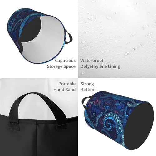 Vista 4 de Cesta circular con estampado de pulpo azul, impermeable, cesta organizadora de lavandería, con asas, para ropa, juguetes, pequeña