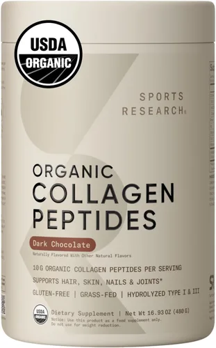 Sports Research - Polvo de colágeno orgánico - Proteína de colágeno hidrolizado tipo I y III - Orgánico certificado por USDA, sin gluten, de origen