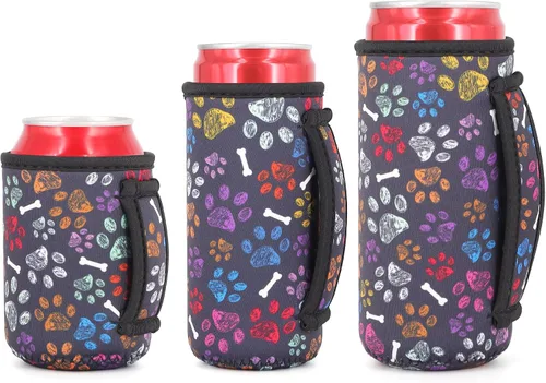 Vista 33 de 3 Pack de fundas aisladas reutilizables de neopreno con asa para soda, bebida energética, refresco, cerveza, seltzer duro, fundas para latas de 12